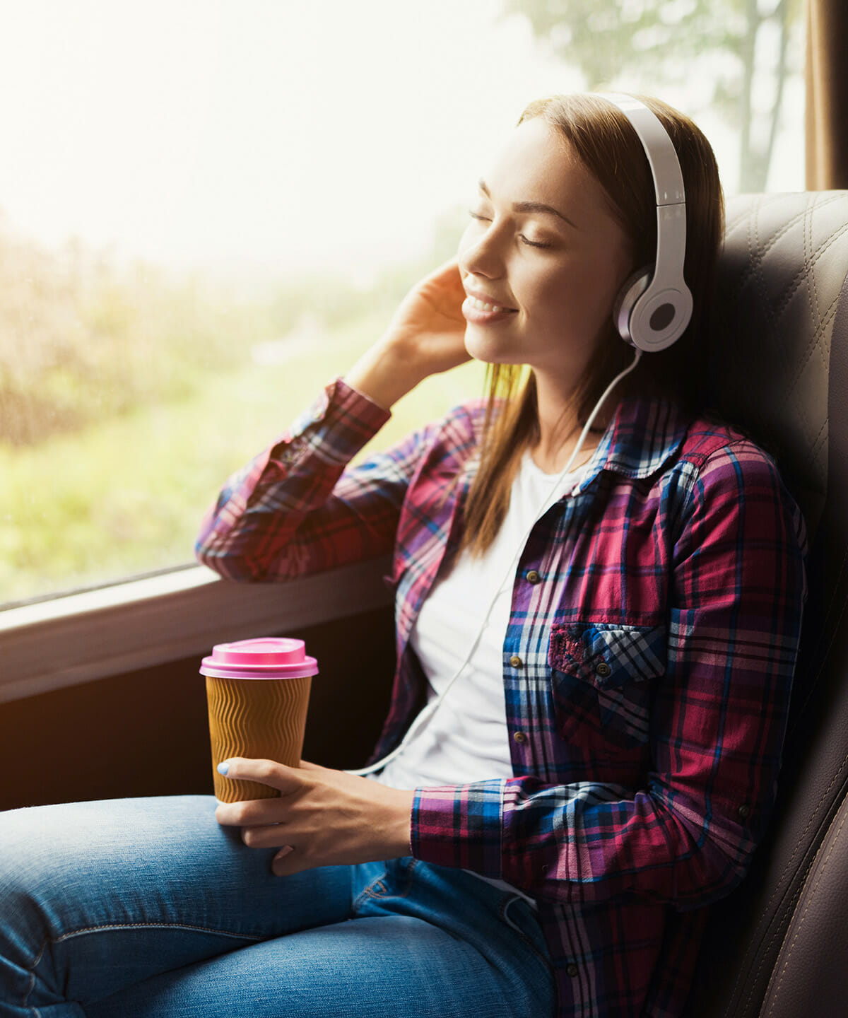 Woman travel and listen to music